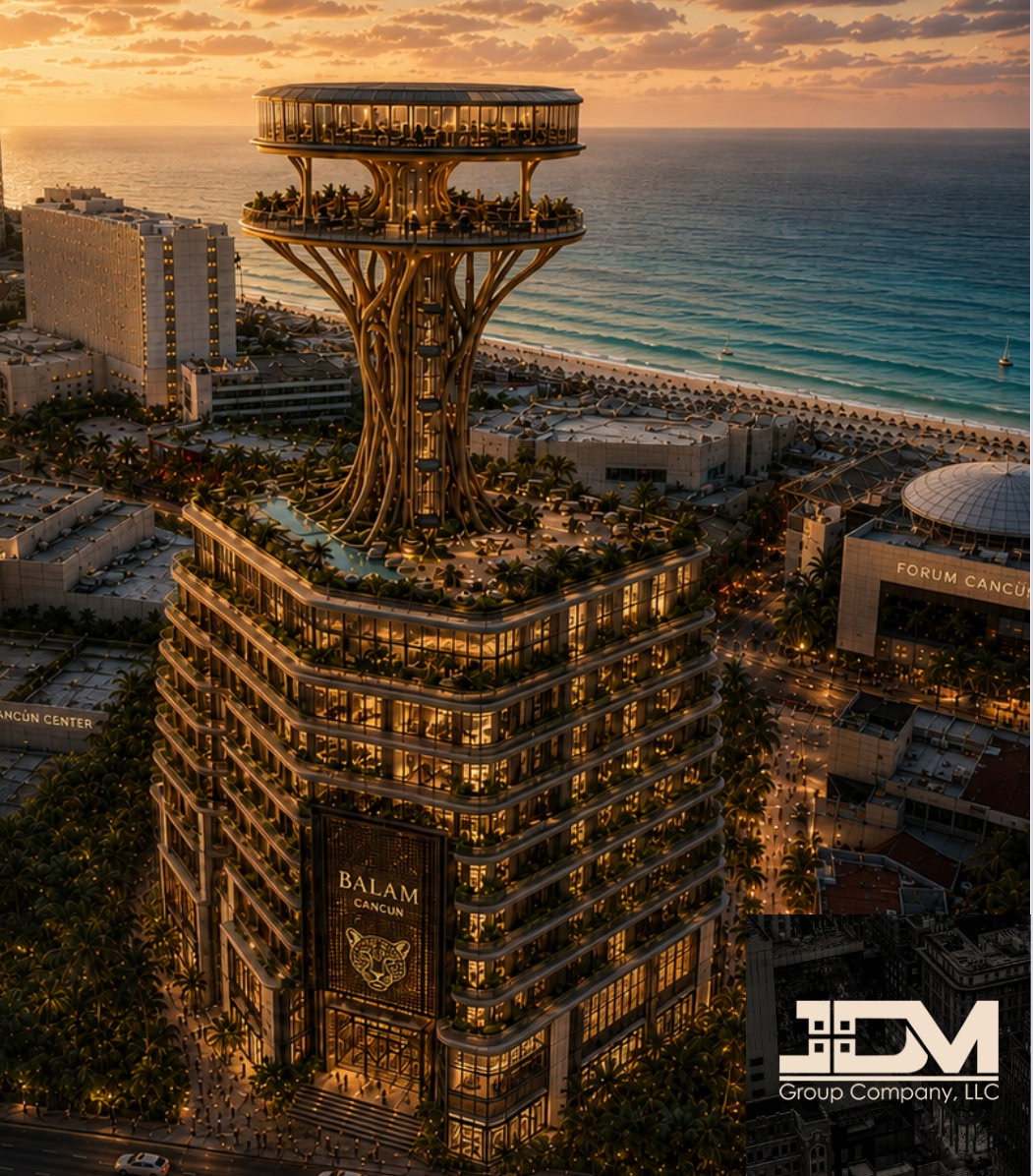 Balam Cancun multifamily development at sunset, a sculptural high-rise with warm-lit balconies, rooftop gardens, and the turquoise Caribbean shoreline