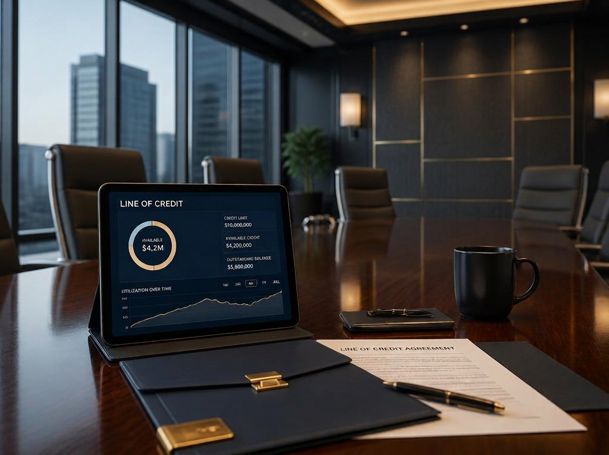 Corporate boardroom with tablet displaying a line of credit dashboard and credit agreement documents