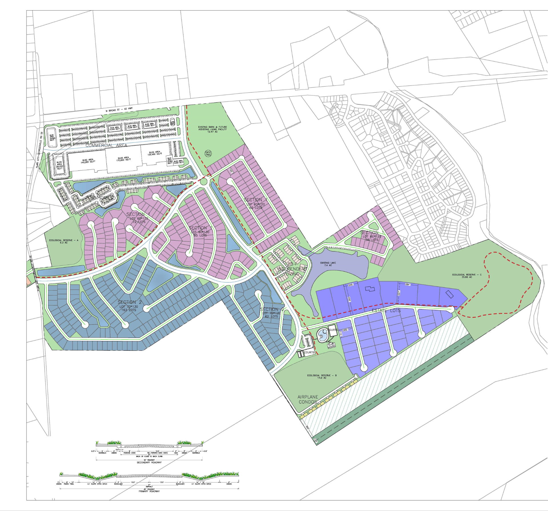 Sky Ranch final site plan showing a 400-acre master-planned community with residential sections, commercial areas, lakes, green space, and roadways